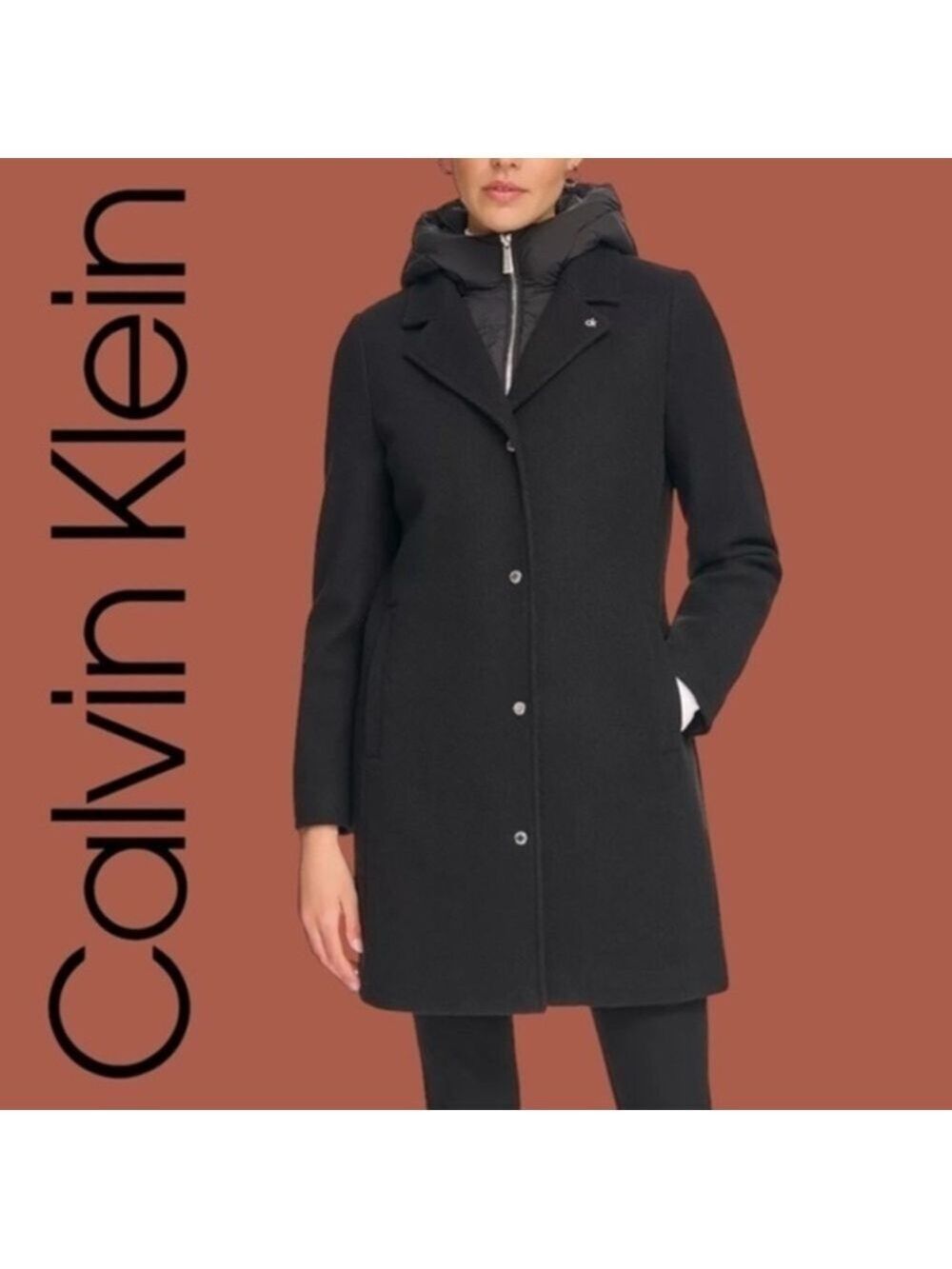 CALVIN KLEIN NWT Removable Bibb & Hood Mixed Media Long Black Coat/LG